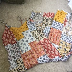 boho mixed print jumper romper wide leg 1970s